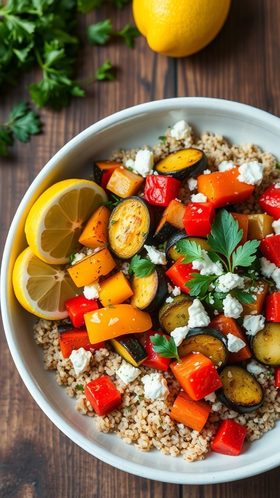 A colorful roasted vegetable and quinoa salad with bell peppers, zucchini, carrots, feta cheese, and herbs on a wooden table.
